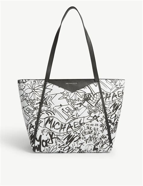 michael kors whitney large graffiti leather tote|Michael Kors Black/White Leather Large Graffiti Whitney Tote.